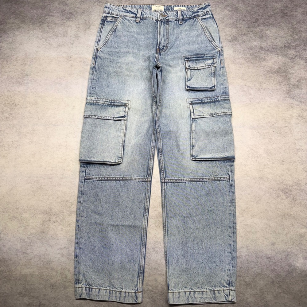 Cotton On Baggy Fit Mens Size 32 Light Wash Multi Pocket Utility Cargo Jeans